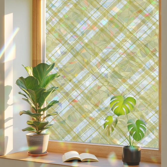Yellow Plaid Window Privacy Film, Yellow White Grids Bright Geometric Stained Glass Rainbow Film Decorative Window Clings, Static Cling Sun Blocking Stickers 17.7" x 78.7"