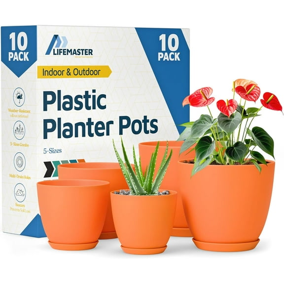 Yellow Plant Pots with Drainage Holes & Saucers 10 Packs, Indoor & Outdoor Stackable Plastic Planters in Multiple Sizes for Houseplants & Flowers, Durable & Weatherproof Materials, Matte Finish