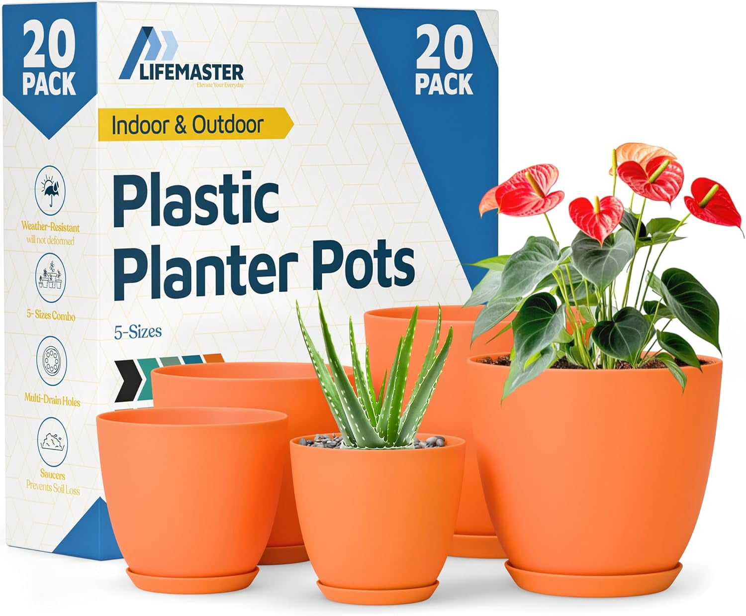 Yellow Plant Pots with Drainage Holes & Saucers 20 Packs, Indoor & Outdoor Stackable Plastic Planters in Multiple Sizes for Houseplants & Flowers, Durable & Weatherproof Materials, Matte Finish