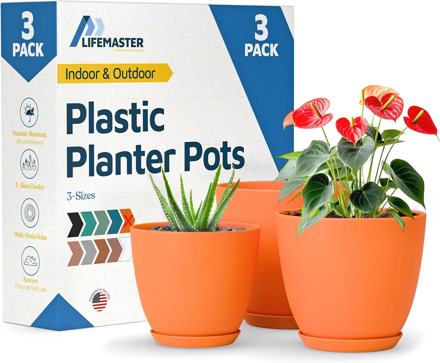 Yellow Plant Pots with Drainage Holes & Saucers 3 Packs, Indoor & Outdoor Stackable Plastic Planters in Multiple Sizes for Houseplants & Flowers, Durable & Weatherproof Materials, Matte Finish