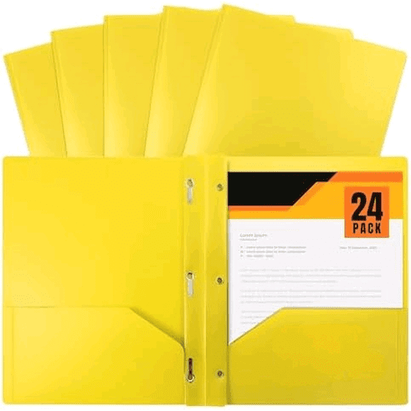 Yellow Plastic 2 Pocket Folders with Prongs, Heavyweight, Letter Size Poly Folders, 24 Pack, with 3 Metal Prongs Fastener Clips, Yellow$$Office