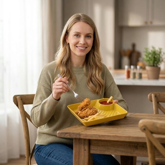 Yellow Plastic Serving Tray, Chip and Dip Serving Set, Appetizer Serving Tray, Individual Snack Tray, 7X6.5X1.5 in Integrated Divided Plate with Attached Dip Sculpted Piece for