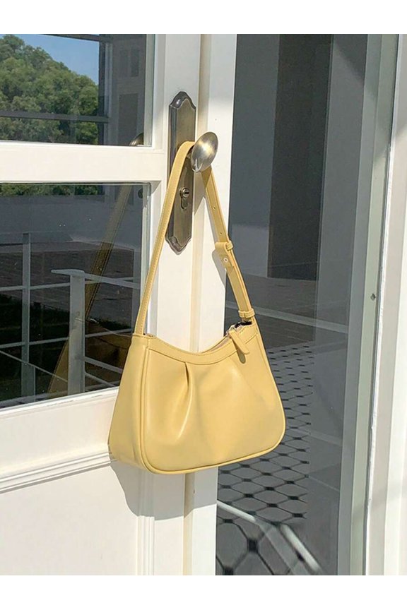 Yellow Pleated Cloud-Style Shoulder Bag With Zipper Closure And Adjustable