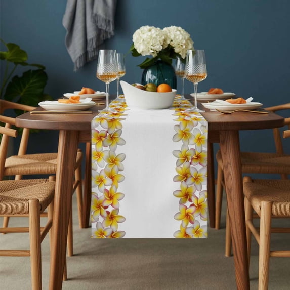 Yellow Plumeria Blossom Flower Table Runner-36 Inch Long Rustic Floral Minimalist Style Table Runners Linen Burlap Tablerunner for Kitchen Dining Room Holiday Party