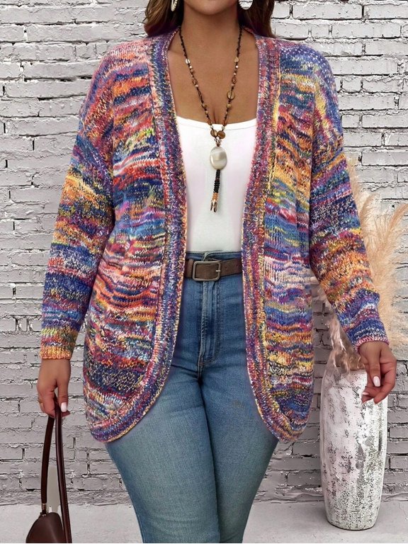 Yellow Plus Size Colorful Gradient Knit Cardigan - Long Sleeve Open Front
