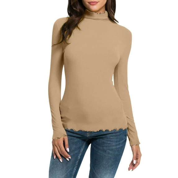 Yellow Plus Size Spring Blouses, Long Sleeve Tree Graphic Tees for Women, Weekend Plus Size Shirts for Women, Women Casual Solid Mock Turtleneck Blouse Tops Slim Fit Stretchy Layer Tee Shirts