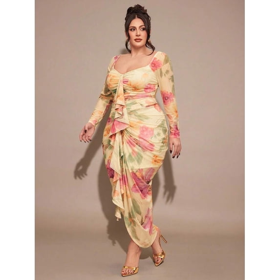 Yellow Plus Size Womens Floral Print Ruched Square Neck Long Sleeve Maxi Dress With Ruffle Hem