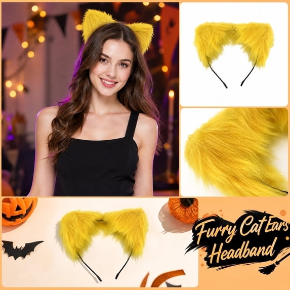 Yellow Plush Cat Ears Headband 8 Inch Halloween Accessory for Student Cat Halloween Party Favor Dress Up Prop for Boys Girls Toddlers, 1 Pack