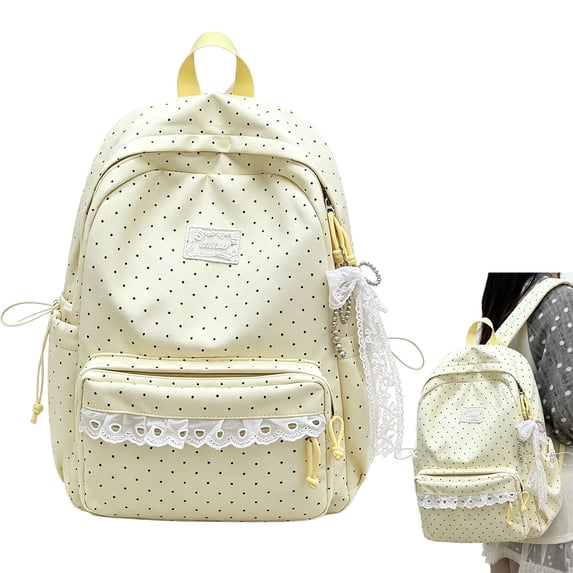 Yellow Polka Dot Backpack, Aesthetic Daypack for with Lace Large Laptop Daypack, Lightweight study Bookbag with Spacious Main Compartment and Side Pockets, Travel Backpack for Teens