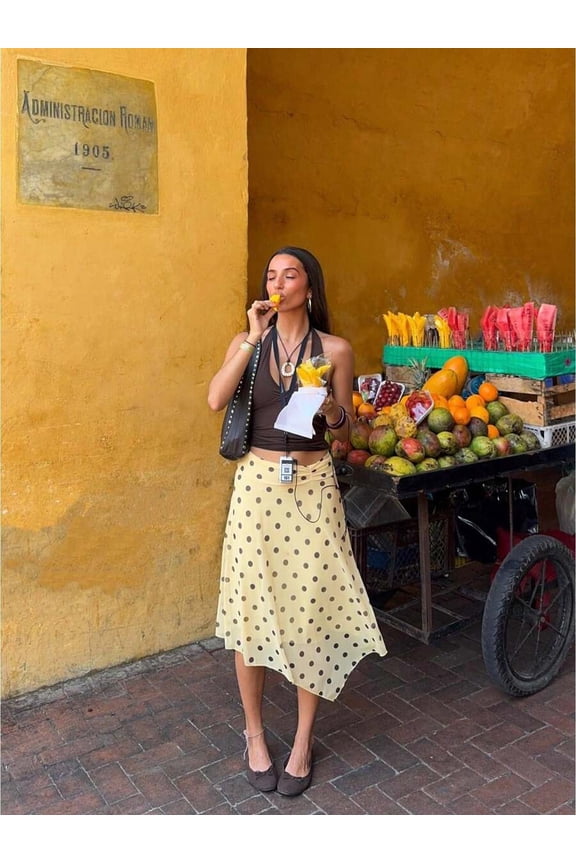 Yellow Polka Dot Midi Skirt, High Waist Flowy Chiffon A-Line with Asymmetrical Hem