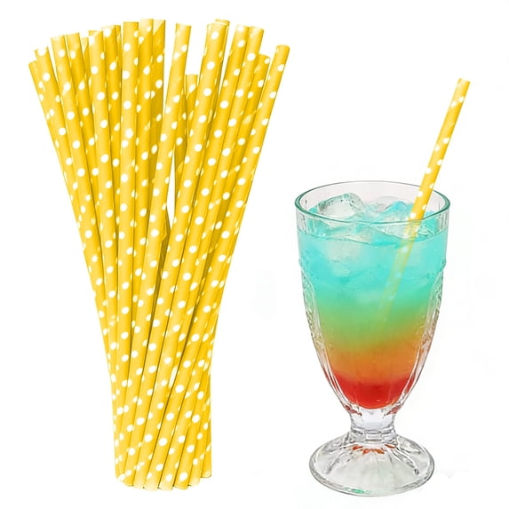 Yellow Polka Dot Paper Straws, 100 Pack Durable Disposable Drinking Straws for Parties, Desserts, Bars and Everyday Beverage Use