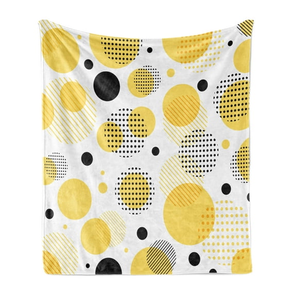 Yellow Polka Dot Soft Flannel Fleece Throw Blanket, Pattern of Stripes Circular Shapes and Mini Spots, Cozy Plush for Indoor and Outdoor Use, 50" x 60", Mustard Charcoal Grey, by Ambesonne