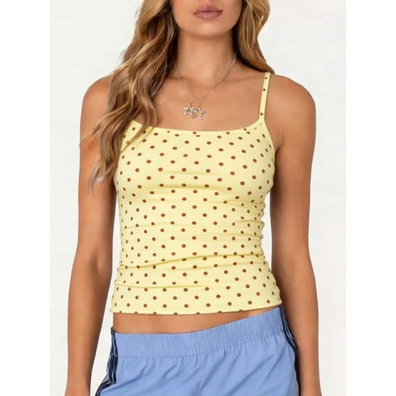 Yellow Polka Dot Square Neck Spaghetti Strap Ruched Crop Tank Top For Women