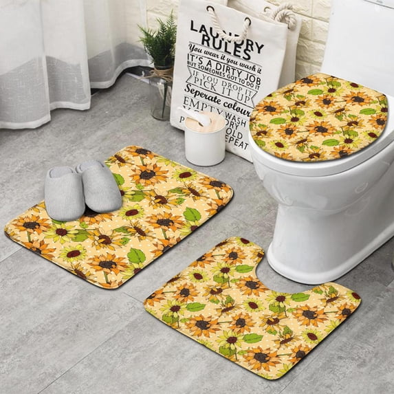 Yellow Polka Dot Sunflower Pattern Bathroom Rugs Sets 3 Piece,Toilet Cover Set,Absorbent Non Slip Bathroom Mats Sets with U-Shaped Contour Rug Toilet Rug Set
