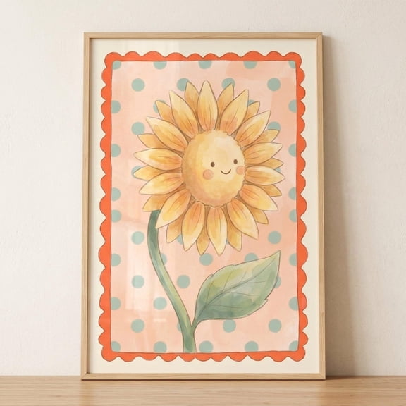 Yellow Polka Dot Sunflower Smiley Wall Decor Unframed Paper Print