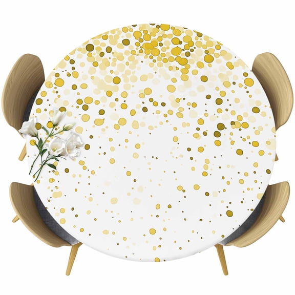 Yellow Polka Dot Table Cloth, Round Fitted Tablecloths with Elastic Edge, Ombre Abstract White Monochrome Wipeable Waterproof Table Cover for Kitchen Wedding 45-54 Inches