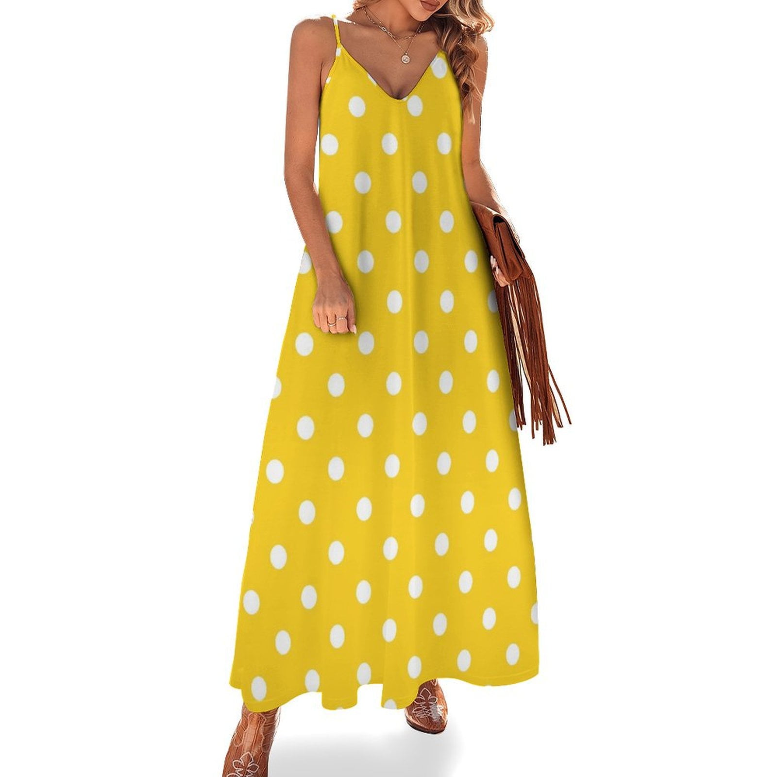 Yellow Polka Dots Dress Retro Print Club Maxi Dress V Neck Boho