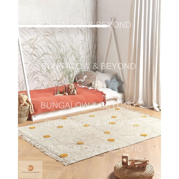 Yellow Polka Dots Rug | Watercolor Polka Dot Rugs | Soft Cotton Rugs | Kids Room Rugs | Girls Room Rugs | Nursery Rugs | Play Area Rugs