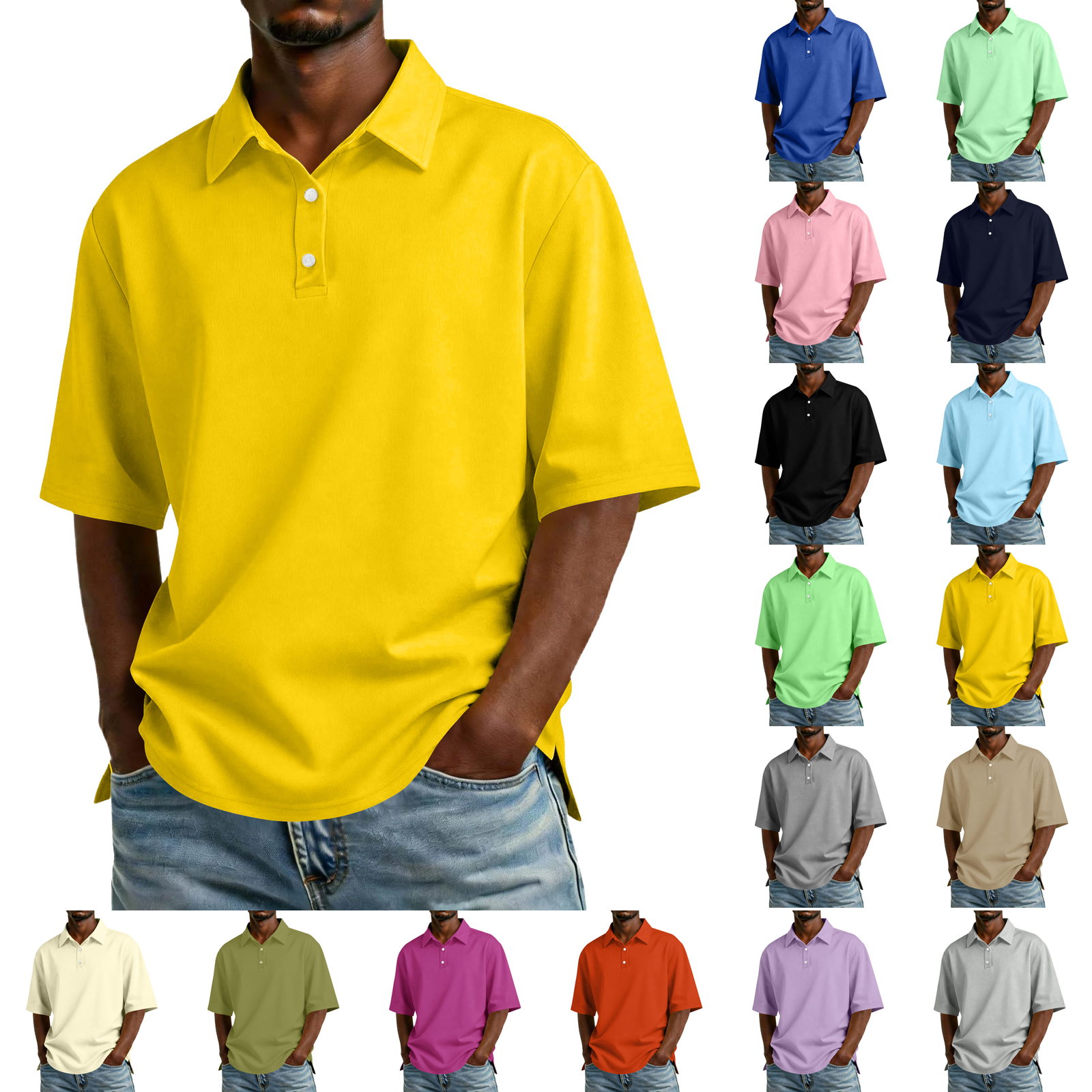 Yellow Polo Shirts Mens Short Sleeve Classic Fit Cotton Collar Shirt