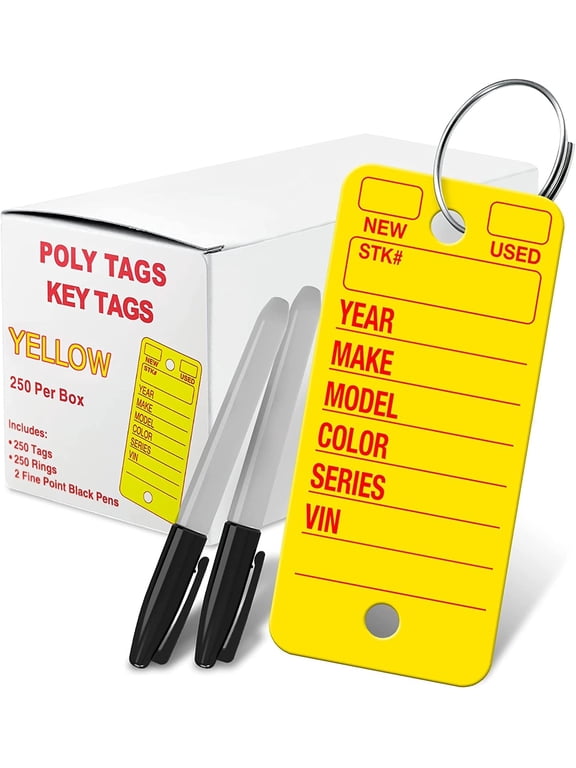 Yellow Poly Key Tags with Rings 250 Count 2 Fine Point Pens Included