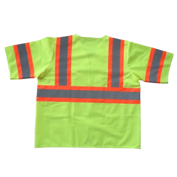 Yellow Polyester Fabric Shield Safety Vests, silver reflective tape with ORANGE TRIM, Choose Your Size & Pack
