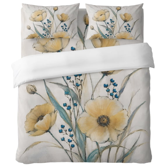 Yellow Poppies 4 Piece Bedding Set, Rustic Country Spring Floral Blue ...