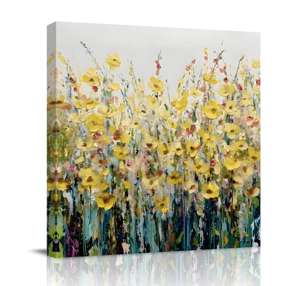 Yellow Poppy Canvas Wall Art for Living Room, Wildflower Garden Impressionist Botanical Poster Print Painting for Bedroom Office Home Decoration Wall Pictures Prepare To Hang 12"x12"