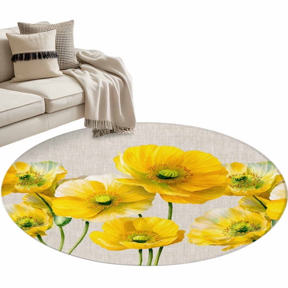 Yellow Poppy Farmhouse Round Rug 3ft Washable Circle Entryway Rugs Non Slip Country Botanical Floral Burlap Area Rug Indoor Carpet for Bedroom Kitchen Living Room Home Office Dining Room Nursery