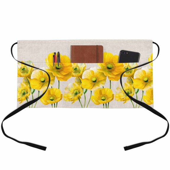 Yellow Poppy Farmhouse Waitress Apron with 3 Pockets, Country Botanical Floral Burlap Server Aprons Waterproof Kitchen Restaurant Half Waist Apron for Men Women