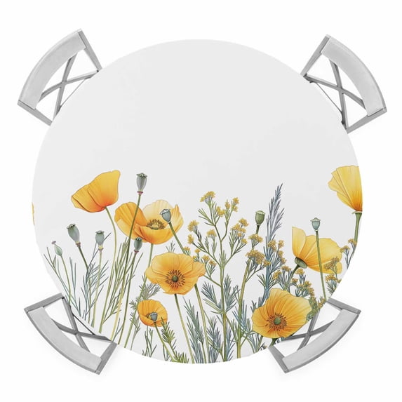 Yellow Poppy Flower Elastic Fitted Round Table Cover Floral Leaves Plant Waterproof Outdoor Tablecloth for Holiday Party, Picnic, Patio & Dining Fits Tables Up to 55"-60"