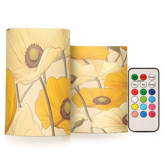 Yellow Poppy Flower Flickering Flameless Candles Battery Operated with Remote Timer LED Pillar Candles Set of 2