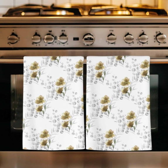 Yellow Poppy Flowers Kitchen Towels Set of 4, Spring Gray Eucalyptus Leaves Rustic Absorbent Dish Towels for Kitchen, Microfiber Hand Towel, Quick Drying Tea Towel for Cleaning Decorative Dishcloths