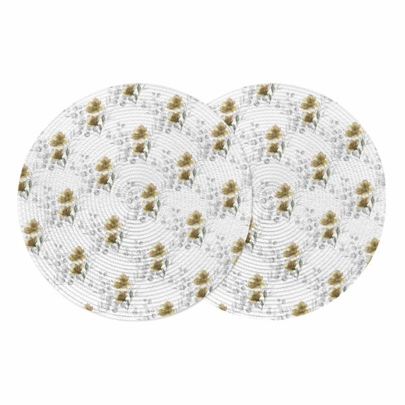 Yellow Poppy Flowers Round 13 Inch Placemats Set of 2, Spring Gray Eucalyptus Leaves Rustic HeatResistant Non Slip Place Mats for Dining Table, Wipeable Braided Kitchen Table Mats for Housewarming