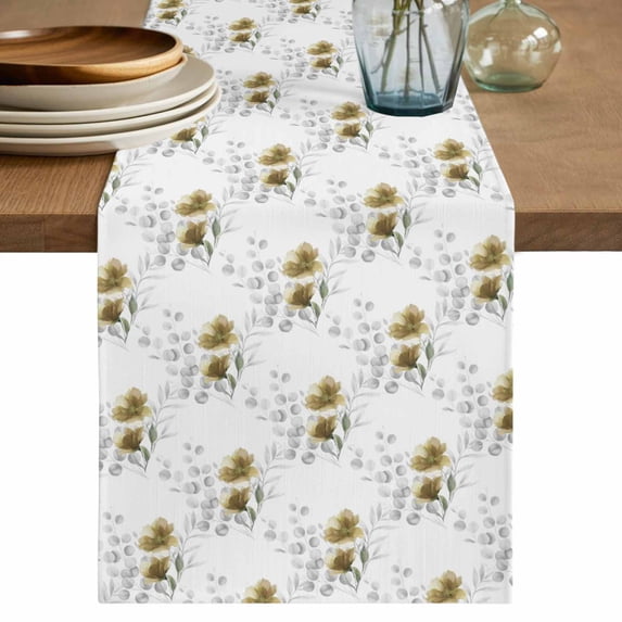 Yellow Poppy Flowers Table Runner 70 Inches, Spring Gray Eucalyptus Leaves Rustic Bed Runner Dresser Scarves Tabletop for Indoor Outdoor Parties/Ceremony/Banquet, 13" x 70"