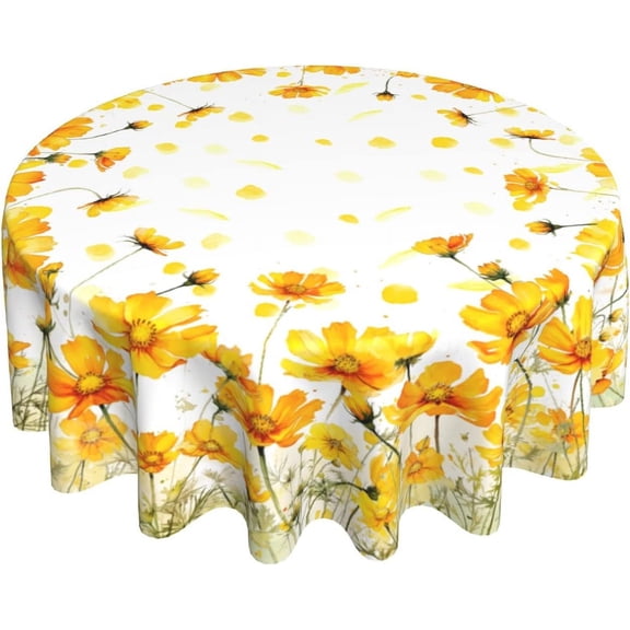 Yellow Poppy Flowers Tablecloths for Round Table 60inch,Summer Floral Botanical Polyster Fabric Stain Resistant Table Cloth for Dining Room Kitchen Farmhouse Holiday Party Dinner