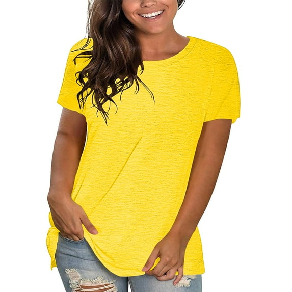 Yellow Popular Womens Clothes 2024, Cotton Womens Oversized Tee Shirts, Short Sleeve Dress Shirts for Women, Androgynous Clothing, Solid Work Solid Color Blouses for Women Dressy Casual