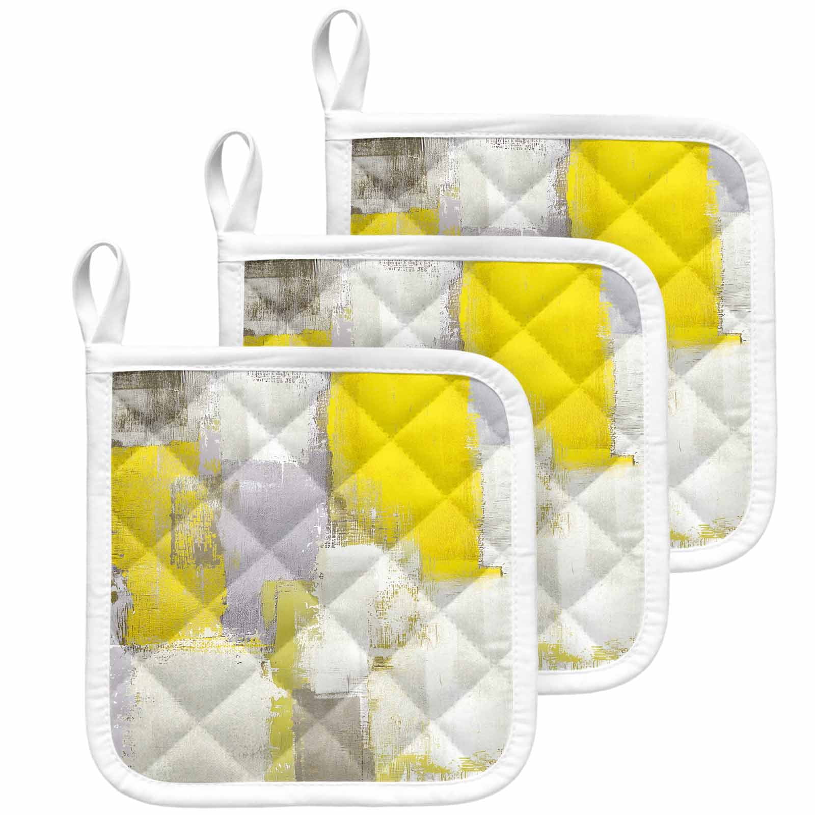 Yellow Pot Holders for Kitchen Heatproof Potholder, 3 Pack Modern Geometric Grey Oil Painting Abstract Hot Pads Multipurpose Oven Pads Cloth Potholders Trivet for Cooking Baking