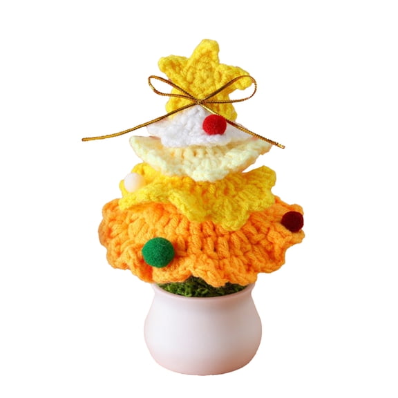 Yellow Premium Crochet Christmas Tree Small Potted Plant, Lifelike Xmas Decoration for Home Office Mall Gift, Wool & Plastic