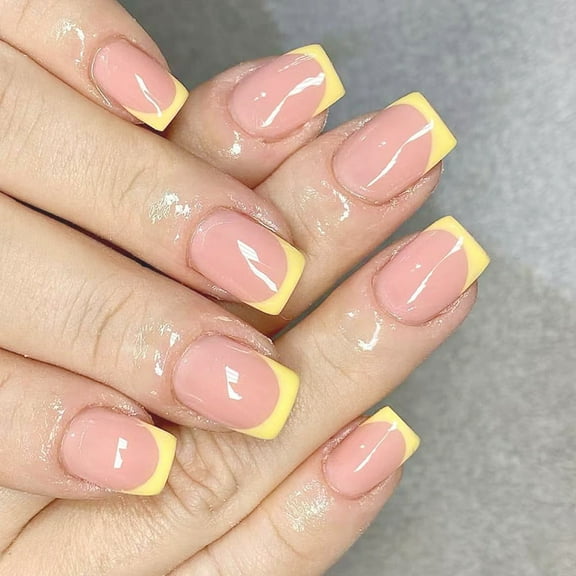 Yellow Press on Nail Square Fake Nail Glossy Stick on Nail Full Cover False Nail Acrylic Glues on Nail for Womens Girls