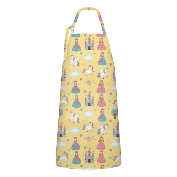 Yellow Princess Castle Unicorn Pattern Apron-Garden Aprons for Women with Pockets-Cotton Linen Waterproof Kitchen Cooking Gardening Aprons Adjustable for Kitchen,Cooking,BBQ and Salon 33x27 Inch