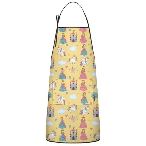 Yellow Princess Castle Unicorn Pattern Apron-Garden Aprons for Women with Pockets-Cotton Linen Waterproof Kitchen Cooking Gardening Aprons Adjustable for Kitchen,Cooking,BBQ and Salon 33x27 Inch