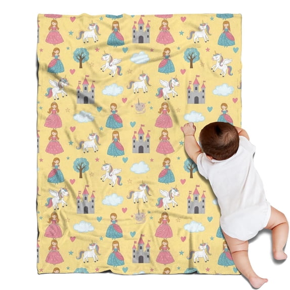 Yellow Princess Castle Unicorn Pattern Blanket,Comfortable Soft Flannel Throw Blanket,All Season,Warm Lightweight Blankets for Sofa Bed Couch Living Room Chair,30"x40"
