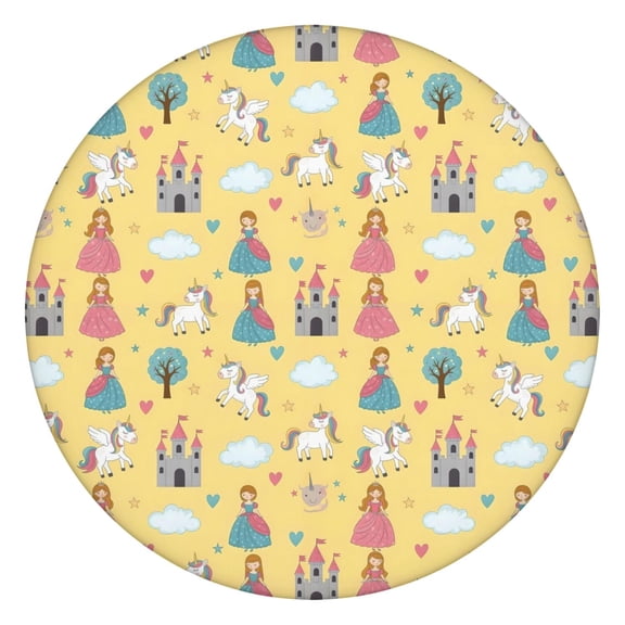 Yellow Princess Castle Unicorn Pattern Round Fitted Tablecloth with Elastic Edge,Dining Table Cover Waterproof,Outdoor Round Tablecloth for Camping,Dining,Indoor and Outdoor