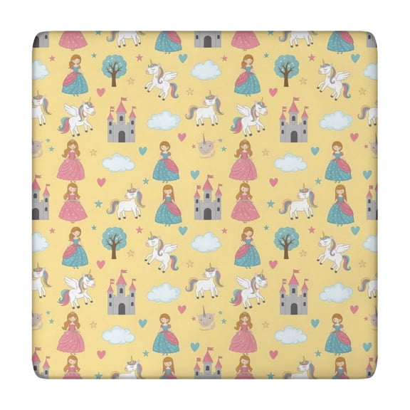 Yellow Princess Castle Unicorn Pattern Square Fitted Tablecloth with Elastic Edge,Square Table Cover,Washable Elastic Table Cover for Home Kitchen Party Decor 34"x34"