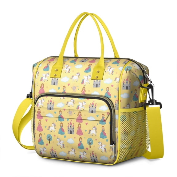 Yellow Princess Castle Unicorn Pattern Womens Lunch Box for Work,Insulated Large Lunch Bag for Tween and Teen,Loncheras Para Mujer,Leakproof Adult Lunch Bag for Work,Beach,Travel,Picnic,Camping