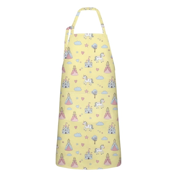 Yellow Princess Unicorn Pattern Apron-Garden Aprons for Women with Pockets-Cotton Linen Waterproof Kitchen Cooking Gardening Aprons Adjustable for Kitchen,Cooking,BBQ and Salon 33x27 Inch