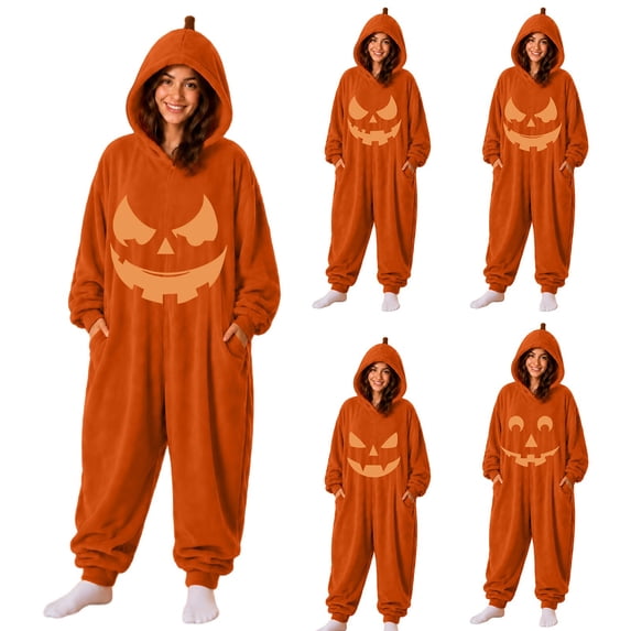 Yellow Pumpkin Onesie Adult Polyester Hooded Design, Full Zip Closure, Plush Fleece Fabric, Adults Unisex, Halloween Costume M