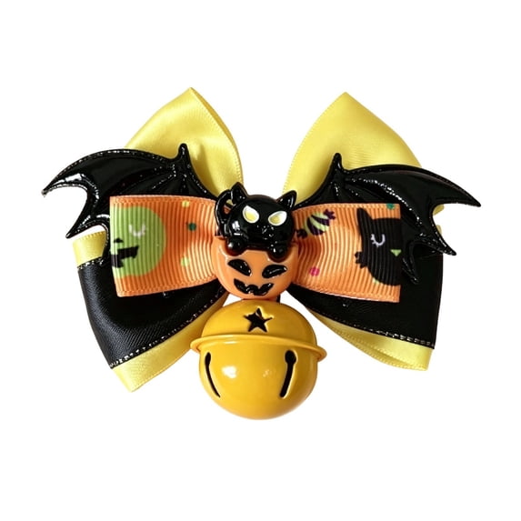 Yellow Pumpkin Print Detachable Ribbon Pet Collar Bow Jingle Bell Cat Small Dog Halloween Decor