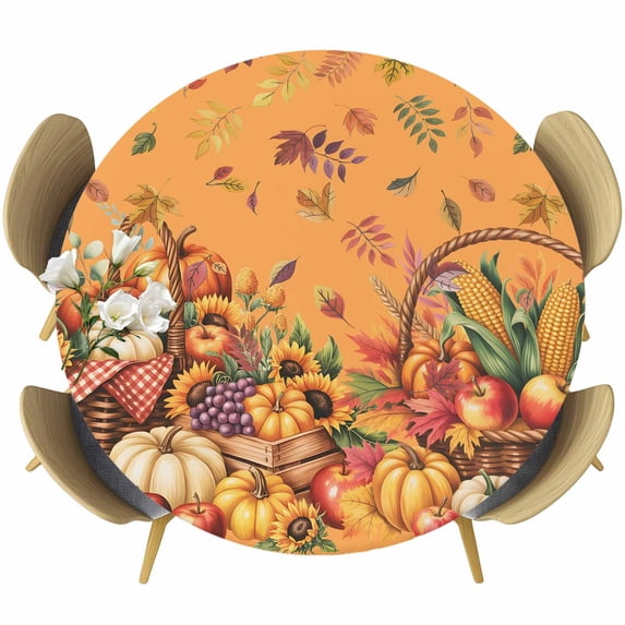 Yellow Pumpkins Fall Round Tablecloth, Fitted Table Cover with Elastic for 55"-60" Round Tables, Harvest Thanksgiving Botanical Leaves Table Cloth Outdoor Indoor Dinning Party Waterproof Tablecloths