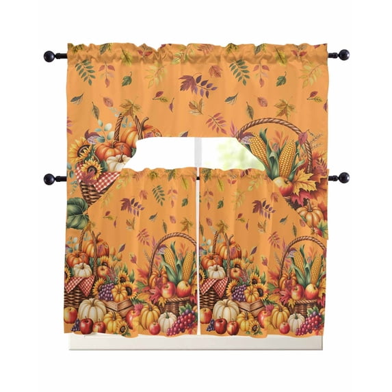 Yellow Pumpkins Fall Swag Kitchen Curtains Sets for Windows 24 Inch Length, Harvest Thanksgiving Botanical Leaves Short Window Curtain Panels Swags Valances and Tiers 3 Piece Set for Cafe/Dining Room